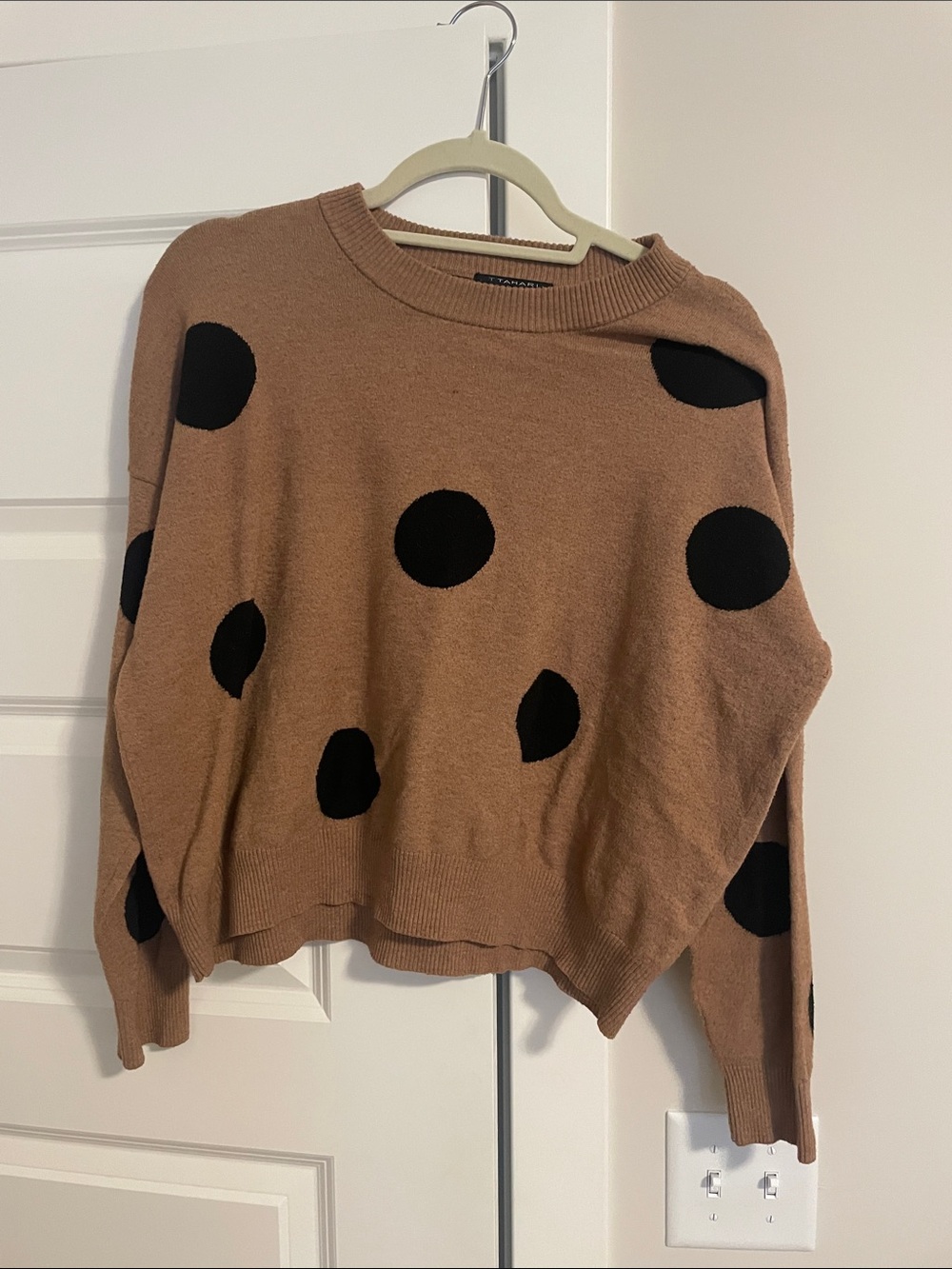 T Tahari Brown Crewneck Sweater with Black Polka Dots